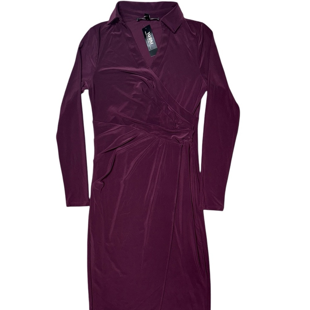 Long Sleeve Matte Jersey Faux Wrap Midi Dress Cabernet